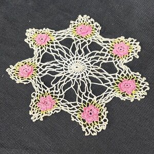 Handcrafted Lace Doily with Pink Floral Accents (b)